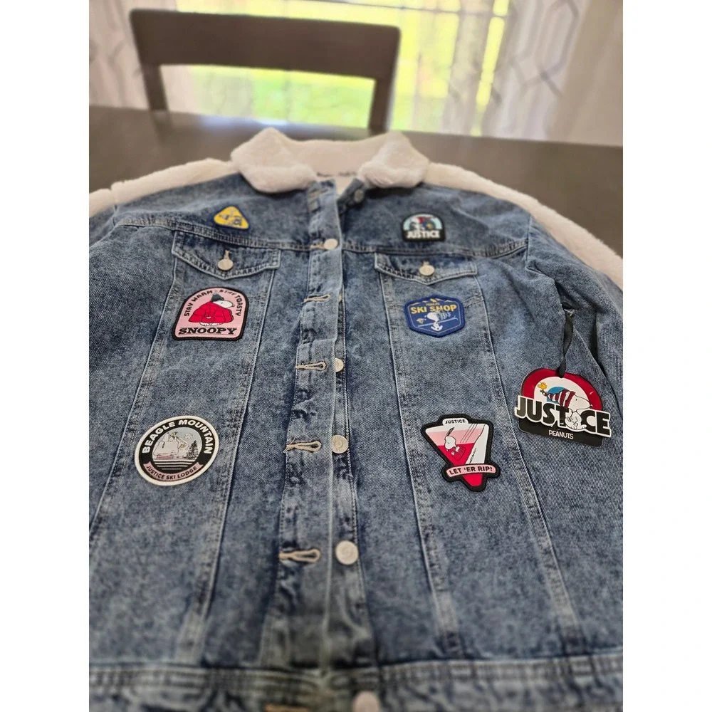 Justice Peanuts Snoopy Denim Jacket Faux Shearling Acid Wash Patches Blue XLPlus